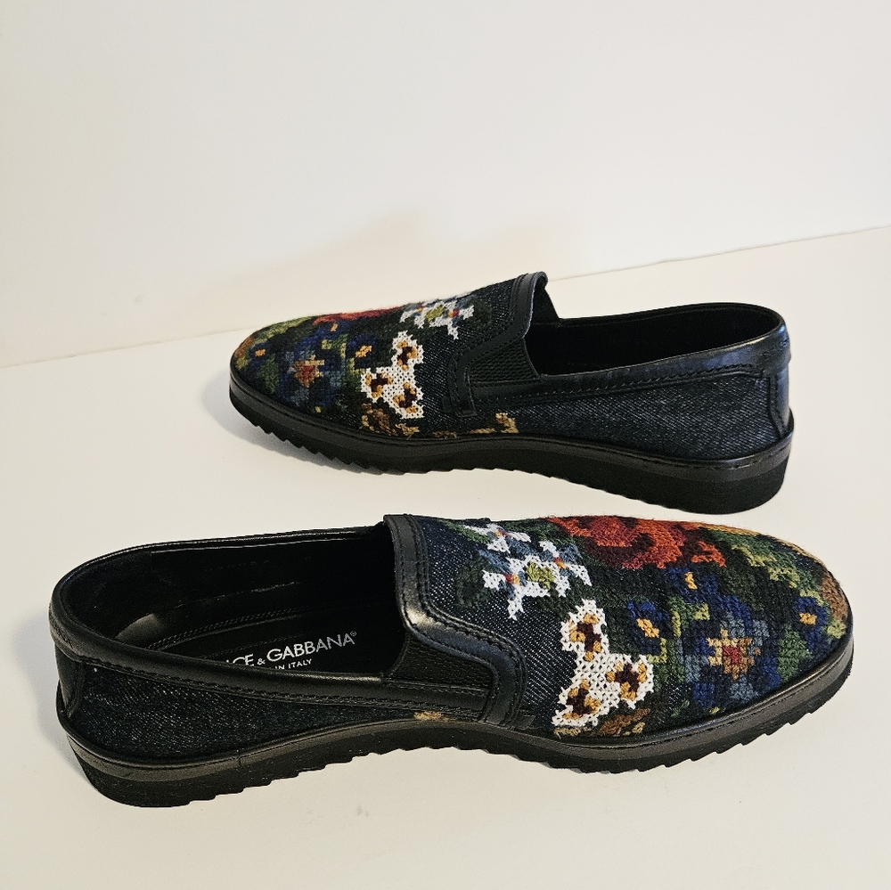 Dolce & Gabbana Wns Floral Navy Blue Denim/Leather Slip On Sz 6 Sneakers A50059 - Picture 9 of 11